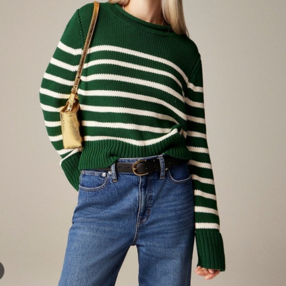 J. Crew Green and White Striped Turtleneck Sweater